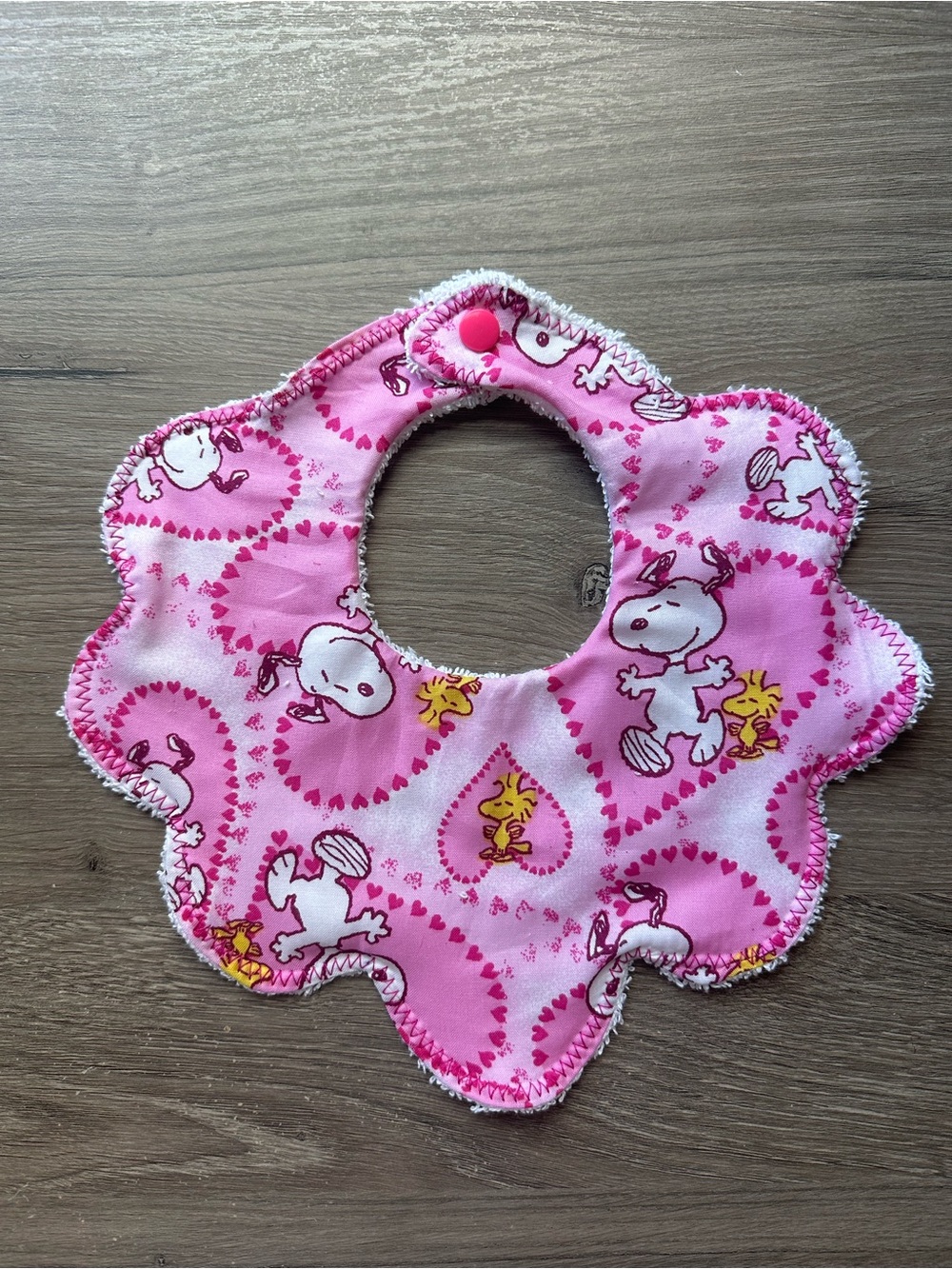 Pink Snoopy & Woodstock Floral Baby Bib - Soft Scalloped Feed Bib